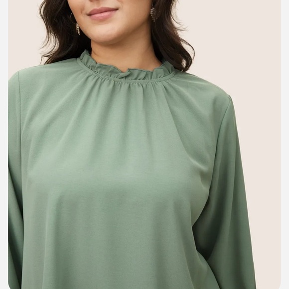 BloomChic Plus Size Plain Lantern Sleeve Ruffle Trim Mock Neck Blouse - Picture 3 of 6